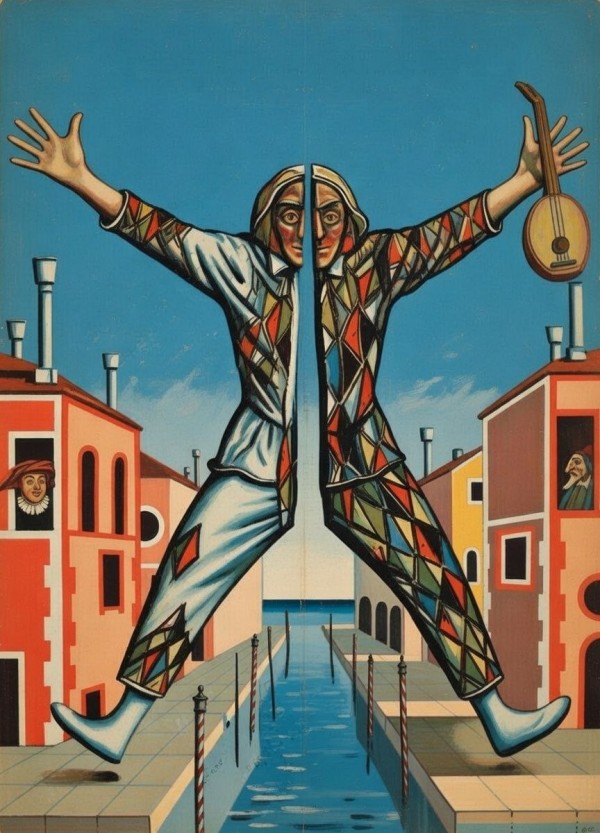 AI-generated artwork by Grok. Вдохновлено стилем плаката 1977 года к спектаклю «Труффальдино» в Ленинградском Театре Музыкальной Комедии.